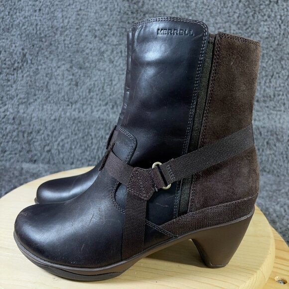 Merrell Boots Evera Fade Womens Sz 7 Brown Suede Leather Harness Moto Heel Ankle - Picture 1 of 8